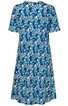 Blaues Damenkleid mit weißem und hellblauem Blumenmuster, kurze Ärmel, rundhals, knielang, A-Linie