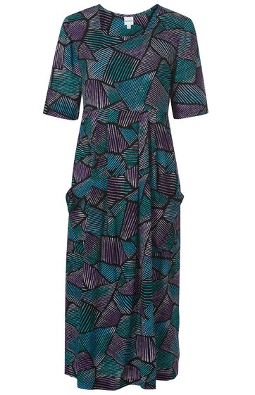 Midikleid in Dunkelgrün mit abstraktem Muster aus Lila und Schwarz, kurze Ärmel, V-Ausschnitt, tailliert, seitliche Taschen, fließender Rock