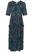 Midikleid in Dunkelgrün mit abstraktem Muster aus Lila und Schwarz, kurze Ärmel, V-Ausschnitt, tailliert, seitliche Taschen, fließender Rock