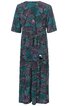 Kleid in petrol und lila mit abstraktem geometrischem Muster, kurze Ärmel, knielang, Bindegürtel in der Taille, rundhals, locker geschnitten