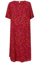 Rotes Midikleid mit gelbem floralem Muster, Rundhalsausschnitt, kurze Ärmel, gerade geschnitten, ohne erkennbare Verschlüsse