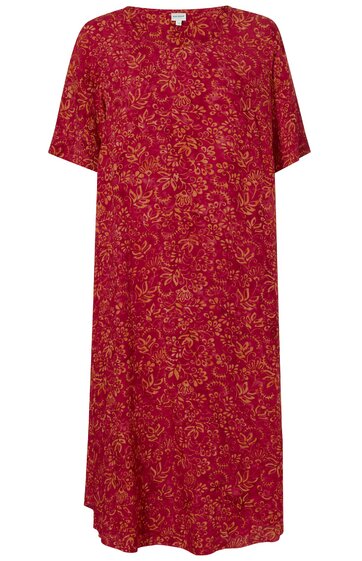 Rotes Midikleid mit gelbem floralem Muster, Rundhalsausschnitt, kurze Ärmel, gerade geschnitten, ohne erkennbare Verschlüsse