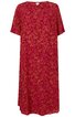 Rotes Midikleid mit gelbem floralem Muster, Rundhalsausschnitt, kurze Ärmel, gerade geschnitten, ohne erkennbare Verschlüsse