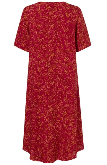 Rotes Kleid mit gelbem Paisley-Muster, kurzärmlig, rundem Ausschnitt, locker geschnitten, knielang