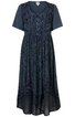 Dunkelblaues Kleid mit kurzen Ärmeln, Rundhalsausschnitt, Knopfleiste vorne, besticktes florales Muster am Oberteil, ausgestellte Form, hohe Saumlinie hinten, dezente Lochstickerei am Rockteil
