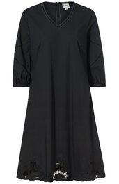 Schwarzes Kleid, uni, V-Ausschnitt, 3/4-lange Ärmel mit elastischem Saum, ausgestellte Form, Saum mit floraler Spitze, knieumspielend