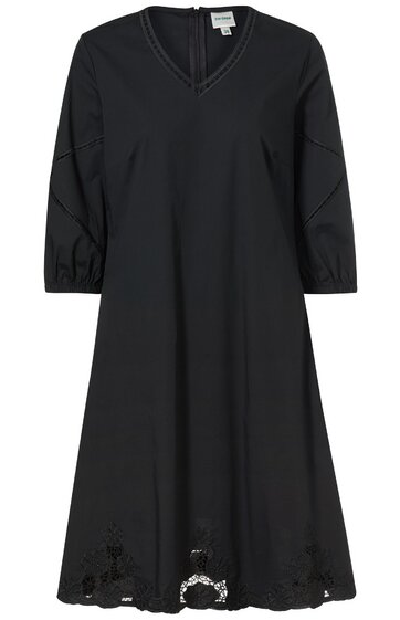 Schwarzes Kleid, uni, V-Ausschnitt, 3/4-lange Ärmel mit elastischem Saum, ausgestellte Form, Saum mit floraler Spitze, knieumspielend