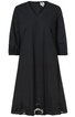 Schwarzes Kleid, uni, V-Ausschnitt, 3/4-lange Ärmel mit elastischem Saum, ausgestellte Form, Saum mit floraler Spitze, knieumspielend