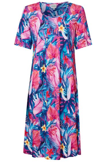 Knielanges Kleid in bunter Blumenmuster mit überwiegend pinken, blauen und weißen Farben, kurzer Ärmel, Rundhalsausschnitt, lockere Passform