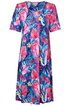Knielanges Kleid in bunter Blumenmuster mit überwiegend pinken, blauen und weißen Farben, kurzer Ärmel, Rundhalsausschnitt, lockere Passform