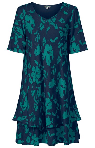 Kleid in Marineblau mit großen, abstrakten Blumenmustern in Petrol, V-Ausschnitt, kurze Ärmel, zweilagiger, leicht ausgestellter Schnitt