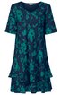 Kleid in Marineblau mit großen, abstrakten Blumenmustern in Petrol, V-Ausschnitt, kurze Ärmel, zweilagiger, leicht ausgestellter Schnitt