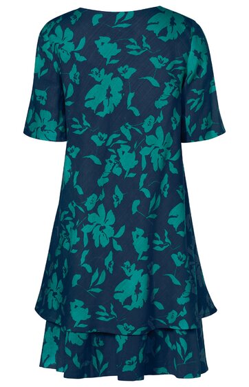 Kleines Kleid dunkelgrün mit türkisfarbenem Blumenmuster, Rundhalsausschnitt, kurze Ärmel, zweilagiger Saum, locker geschnitten