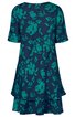 Kleines Kleid dunkelgrün mit türkisfarbenem Blumenmuster, Rundhalsausschnitt, kurze Ärmel, zweilagiger Saum, locker geschnitten