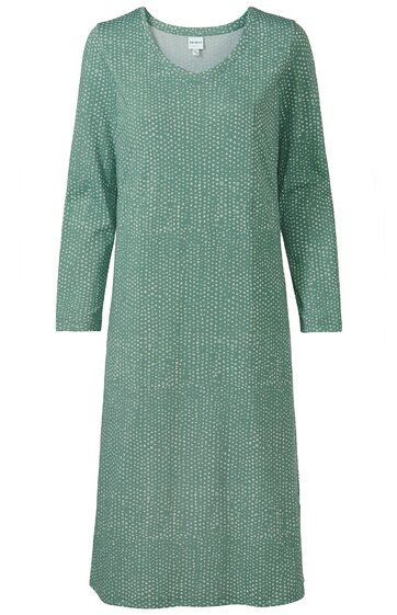 Kleid in salbeigrün mit kleinem weißen Punktmuster, V-Ausschnitt, lange Ärmel, gerade geschnitten, knielang