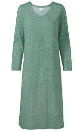 Kleid in salbeigrün mit kleinem weißen Punktmuster, V-Ausschnitt, lange Ärmel, gerade geschnitten, knielang