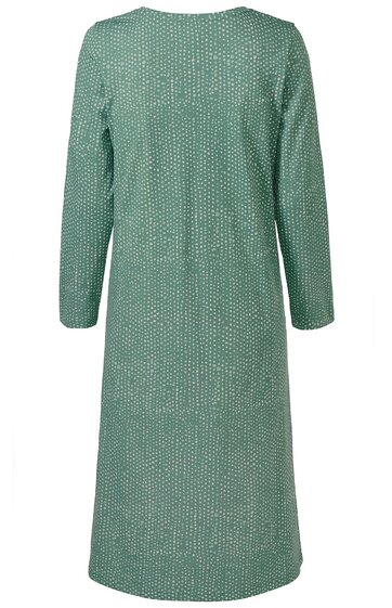 Grünes Kleid mit weißem Punktmuster, langärmlig, knielang, gerade geschnitten, keine sichtbaren Verschlüsse, Rückansicht