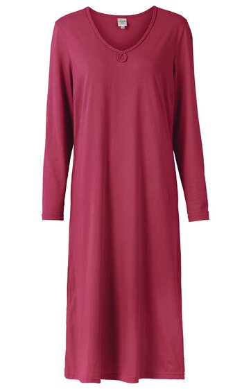 Langärmliges Nachthemd in dunklem rosenrot, uni, V-Ausschnitt mit kleinem Zierausschnitt, knielang, gerader Schnitt
