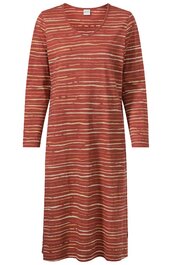 Langärmliges Kleid in rostrot mit beige-grauen, unregelmäßigen horizontalen Streifen, Rundhalsausschnitt, knielang, gerader Schnitt