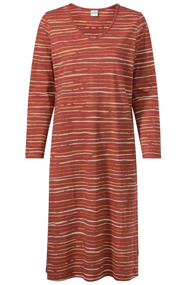 Langärmliges Kleid in rostrot mit beige-grauen, unregelmäßigen horizontalen Streifen, Rundhalsausschnitt, knielang, gerader Schnitt