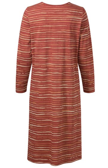 Langärmliges Kleid in rostrot mit cremefarbenen, horizontal verlaufenden Streifen, rundem Ausschnitt, gerade geschnitten, knielang, ohne Muster, Rückansicht