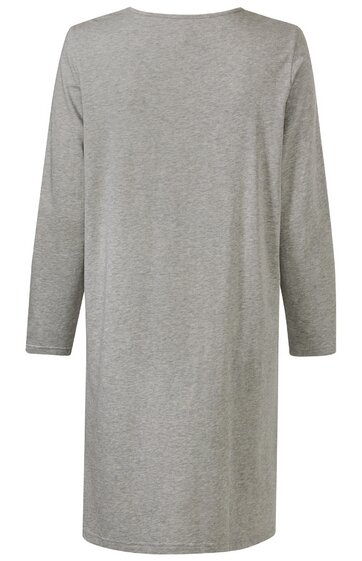 Hellgraues, schlichtes Kleid ohne Muster, lange Ärmel, rundhals, gerade geschnitten, knielang, Rückansicht