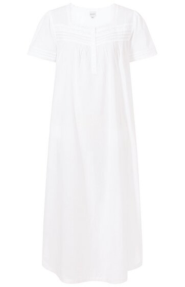 Weißes Nachthemd mit kurzen Ärmeln, rundem Ausschnitt, Brustbereich mit feinen Falten, knielang, gerade geschnitten
