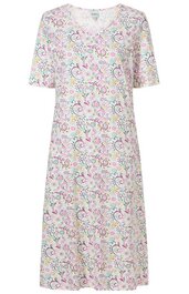 Weißes Kleid mit buntem Blüten- und Blumenmuster, V-Ausschnitt, kurze Ärmel, knielang, gerade geschnitten