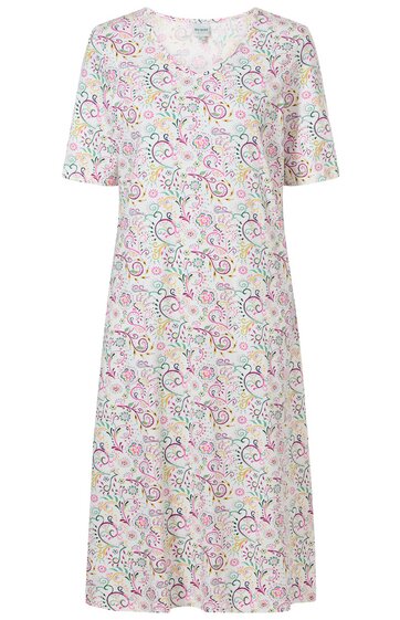 Weißes Kleid mit buntem Blüten- und Blumenmuster, V-Ausschnitt, kurze Ärmel, knielang, gerade geschnitten