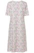 Weißes Kleid mit buntem Blumen- und Paisleymuster, kurze Flügelärmel, runder Ausschnitt, knielang, gerade geschnitten