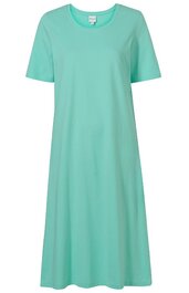 Türkisfarbenes Kleid ohne Muster, kurzärmelig, Rundhalsausschnitt, knielang, weiter Schnitt