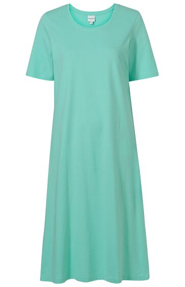 Türkisfarbenes Kleid ohne Muster, kurzärmelig, Rundhalsausschnitt, knielang, weiter Schnitt