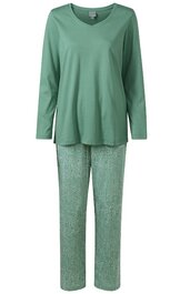 Zweiteiliger Schlafanzug, Oberteil in hellem Mintgrün, rundhalsausschnitt, lange Ärmel, locker geschnitten, Hose gemustert in hellem Mintgrün und Weiß, gerader Schnitt