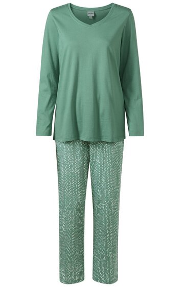 Zweiteiliger Schlafanzug, Oberteil in hellem Mintgrün, rundhalsausschnitt, lange Ärmel, locker geschnitten, Hose gemustert in hellem Mintgrün und Weiß, gerader Schnitt