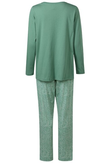 Zweiteiliges Damen-Schlafanzug-Set, Oberteil einfarbig salbeigrün, langärmelig, rundhalsausschnitt, gerader Saum, Hose gemustert mit kleinen weißen Punkten auf salbeigrünem Grund, gerade geschnitten