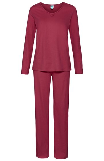 Rotbrauner Schlafanzug mit langärmligem Oberteil und langer Hose, V-Ausschnitt, gerade geschnitten, ohne Muster oder zusätzliche Verzierungen