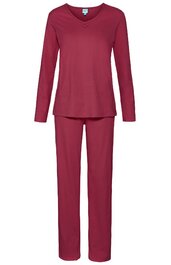 Rotbrauner Schlafanzug mit langärmligem Oberteil und langer Hose, V-Ausschnitt, gerade geschnitten, ohne Muster oder zusätzliche Verzierungen