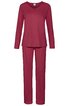 Rotbrauner Schlafanzug mit langärmligem Oberteil und langer Hose, V-Ausschnitt, gerade geschnitten, ohne Muster oder zusätzliche Verzierungen