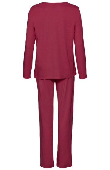 Zweiteiliger Pyjama in dunklem Bordeauxrot, langärmliges Oberteil mit rundem Halsausschnitt, gerade geschnittene Hose, Rückansicht ohne Muster oder Verzierungen