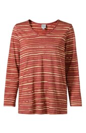 Langärmeliges Damenoberteil in rostrot mit unregelmäßigen, horizontalen, hellbeigen Streifen, V-Ausschnitt, gerade geschnitten