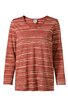 Langärmeliges Damenoberteil in rostrot mit unregelmäßigen, horizontalen, hellbeigen Streifen, V-Ausschnitt, gerade geschnitten