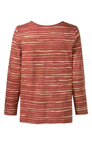 Langärmliges Shirt, rostrot mit unregelmäßigen hellbeigen horizontalen Streifen, Rundhalsausschnitt, gerade geschnitten