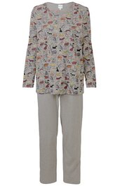 Zweiteiliger Schlafanzug, Oberteil hellgrau mit buntem Tier- und Pflanzenmuster, Rundhalsausschnitt, lange Ärmel, gerade Form, leichte Passform, Hose einfarbig hellgrau, gerade geschnitten, lang