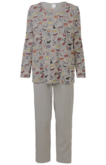 Zweiteiliger Schlafanzug, Oberteil hellgrau mit buntem Tier- und Pflanzenmuster, Rundhalsausschnitt, lange Ärmel, gerade Form, leichte Passform, Hose einfarbig hellgrau, gerade geschnitten, lang