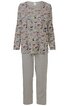 Zweiteiliger Schlafanzug, Oberteil hellgrau mit buntem Tier- und Pflanzenmuster, Rundhalsausschnitt, lange Ärmel, gerade Form, leichte Passform, Hose einfarbig hellgrau, gerade geschnitten, lang
