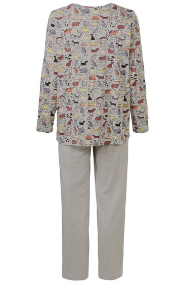 Zweiteiliger Schlafanzug mit langärmligem Oberteil, beige Grundfarbe, bunte Cartoon-Tiere als Muster, Rundhalsausschnitt, gerade geschnittene hellgraue Hose