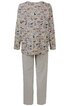 Zweiteiliger Schlafanzug mit langärmligem Oberteil, beige Grundfarbe, bunte Cartoon-Tiere als Muster, Rundhalsausschnitt, gerade geschnittene hellgraue Hose