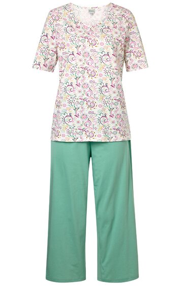 Pyjama-Set bestehend aus cremeweißem Oberteil mit floralem Muster in Pastellfarben, Rundhalsausschnitt, halblange Ärmel, locker geschnitten, kombiniert mit einfarbig mintgrüner, weit geschnittener Hose