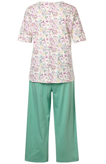 Zweiteiliges Set bestehend aus kurzärmligem Oberteil und langer Hose, Oberteil weiß mit pastellfarbenem Blumen- und Paisleymuster, Rundhalsausschnitt, gerade geschnitten, Hose einfarbig grün, gerade geschnitten
