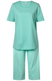 Helles mintgrünes Pyjama-Set, kurzärmeliges Oberteil mit Rundhalsausschnitt, gerade geschnittene lange Hose, einfarbig, locker geschnitten